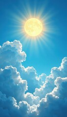 The bright yellow sun shines down on a brilliant blue summer sky filled with big white fluffy clouds, weather, blue, nature