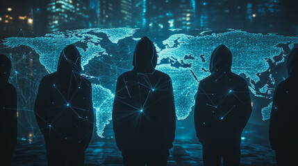 Hacker are planning to hack and attack networks and cyber security systems.team people innovation connection of line from nail node to node on map background , networking concept