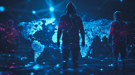 Hacker are planning to hack and attack networks and cyber security systems.team people innovation connection of line from nail node to node on map background , networking concept