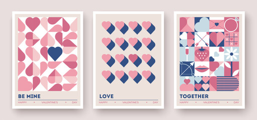 three valentines day cards with abstract hearts, geometric patterns, and romantic symbols