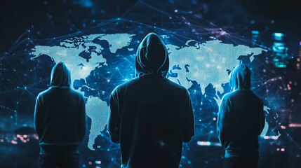 Hacker are planning to hack and attack networks and cyber security systems.team people innovation connection of line from nail node to node on map background , networking concept