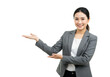 © PixelPulse Creative - A professional woman wearing a gray blazer and white shirt, standing with one arm extended outward isolated on transparent background