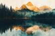 © Isuru - Golden hour illuminates majestic mountains reflected in a tranquil lake, surrounded by a dense evergreen forest.