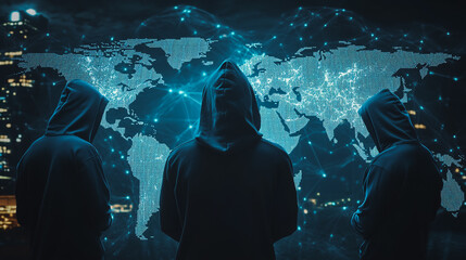 Hacker are planning to hack and attack networks and cyber security systems.team people innovation connection of line from nail node to node on map background , networking concept