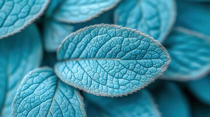 Wall Mural - Blue leaves close-up, detailed veins, outdoor garden background.