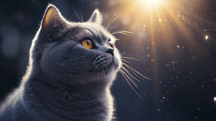 Wall Mural - Looking up at the sky. Cat, light, blurry, background scottish, head, whiskers. Cat with whiskers and head of whiskers. A cat with whiskers and a head with a blurry background with a light. Lifestyle.