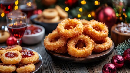 Wall Mural - Onion rings and christmas cookies covering festive table with wine and jam