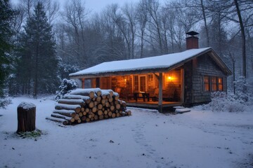 Wall Mural - Cozy wooden cabin glowing in snowy winter wonderland at dusk