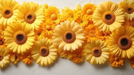 Wall Mural - Vibrant arrangement of yellow flowers including gerberas and chrysanthemums on a textured background