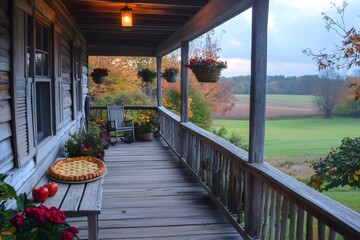 Wall Mural - Apple pie sitting on a porch of a log cabin overlooking autumn fields