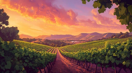 Wall Mural - A serene vineyard landscape under a vibrant sky at sunset, showcasing lush green vines and rolling hills. Serene Valley. Illustration