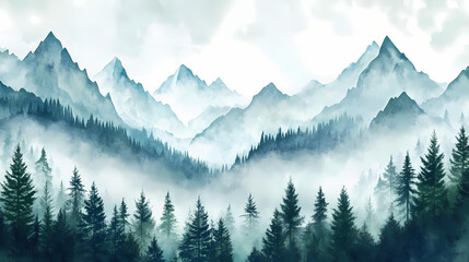 Wall Mural - A serene watercolor landscape featuring misty mountains and lush coniferous forests, evoking tranquility and nature's beauty. Serene Valley. Illustration