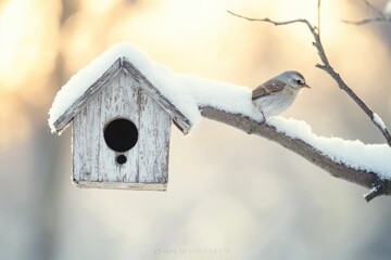 Wall Mural - A small bird perches on a snow-covered branch near a rustic birdhouse in a winter scene.