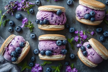 Wall Mural - Delicious blueberry ice cream sandwiches garnished with fresh blueberries and flowers