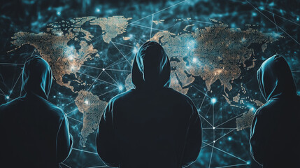 Hacker are planning to hack and attack networks and cyber security systems.team people innovation connection of line from nail node to node on map background , networking concept