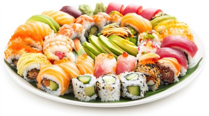 Wall Mural - A platter of colorful sushi rolls with fresh fish, creamy avocado, and crunchy cucumber