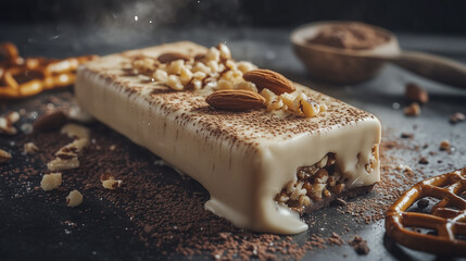 An ice cream bar with nuts and chocolate. Protein, bar, blurry, background board, nuts, glare, light. Glare from light nut on board. Board with bar nuts and a glare of glare on the lifestyle protein.