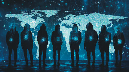 Hacker are planning to hack and attack networks and cyber security systems.team people innovation connection of line from nail node to node on map background , networking concept