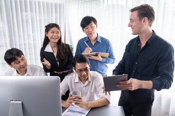 Fototapete - Group of diverse office worker employee working together on strategic business marketing planning in corporate office room. Positive teamwork in business workplace concept. Prudent