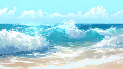 Wall Mural - A close-up view of gentle waves on a tranquil sea, showcasing the shimmering blue water under soft light. Shimmering Shores. Illustration