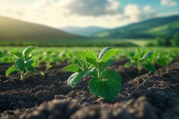 Wall Mural - Young plants sprout from the rich soil in a vibrant field, bathed in warm sunlight with distant hills in the background. Generative AI