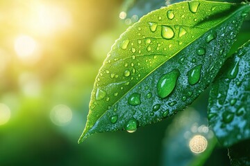 Wall Mural - Raindrops on green leaves in the morning