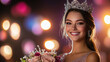© Ірина Пальцева - A glowing beauty pageant winner in a stunning gown and glittering crown holds a bouquet of roses, illuminated by dramatic stage lights, radiating confidence and grace.