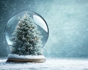 Canvas Print - Snow globe with a snow-covered Christmas tree inside, against a snowy background.