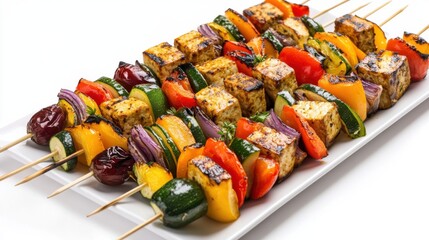 Wall Mural - A platter of colorful veggie skewers with marinated tofu cubes, bell peppers, zucchini