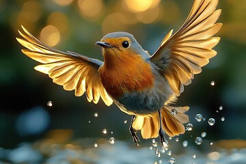 beautiful robin bird in fly on blurred green background