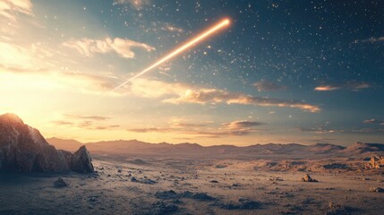 Wall Mural - A fiery meteor streaks across a starry sky over a rocky, desolate landscape at sunset