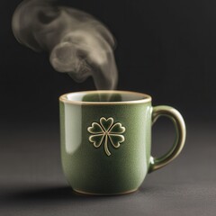 Green Mug Steaming Hot Drink Four Leaf Clover Design