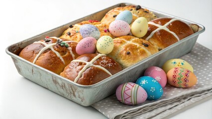 Canvas Print - A tray of assorted Easter breads with decorative eggs on top, decorative desserts, food arrangement, easter eggs, easter breads, easter celebrations