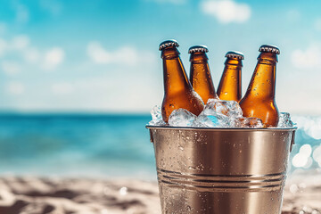 Wall Mural - Ice bucket with beer bottles on blue ocean background