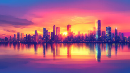 Wall Mural - Stunning skyline reflection during sunset with vibrant colors. Vibrant Horizon. Illustration