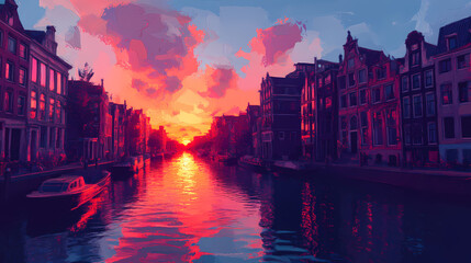 Wall Mural - Stylized depiction of a sunset over amsterdam's canal houses, with a vibrant reflection on the water. generative ai. Vibrant Horizon. Illustration