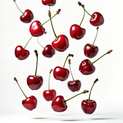 Wall Mural - Fresh cherries levitate in air against a pure white background. Ripe red cherries with stems float delicately. Healthy fruit concept for food and drink illustrations.