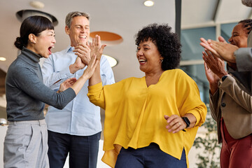 Wall Mural - business meeting businesswoman woman office entrepreneur presentation success applause applauding audience achievement career job congratulation teamwork