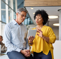 Wall Mural - business meeting businessman businesswoman office teamwork tablet computer technology discussion working talking paperwork colleague man woman desk partner partnership strategy entrepreneur