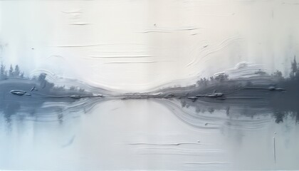 Aufkleber - Abstract landscape painting. Brushstrokes, palette knife create textured effect. White, grey colors dominate. Horizontal composition. Grey tones depict forests mountains reflecting in water. Visual