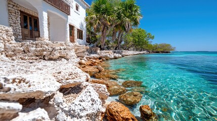 Tropical house, clear water, rocky shore, palm trees, island vacation