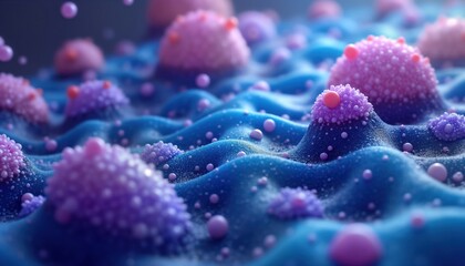 Poster - Abstract macro view of textured blue, purple liquid surface. Colorful biomorphic forms resembling bubbles cells. Patterned texture with glowing shapes, droplets creates visually striking macro photo.