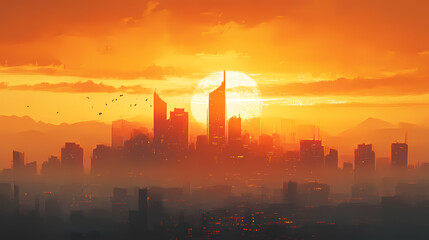 Wall Mural - City skyline silhouetted against a vibrant orange sunset with an urban twilight landscape. Vibrant Horizon. Illustration