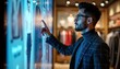 © miss irine - Man in stylish suit examines clothing options on interactive display screen in modern fashion retail store. Uses touch screen for browsing clothes. Shopping experience using advanced technology.