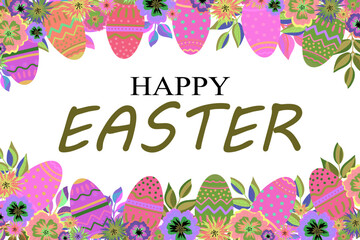Wall Mural - easter frame on the bottom and top with an inscription in the middle happy easter, pale pastel pink 