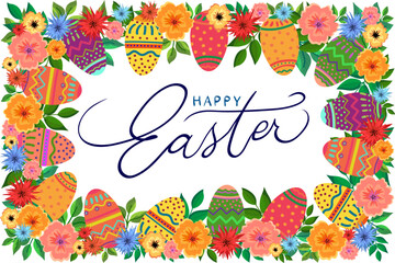 Wall Mural - easter frame along the contour with the inscription happy easter, rich bright pink blue green pink c