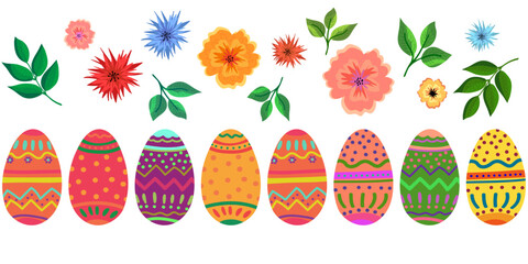 Wall Mural - colorful painted easter vector elements flowers twigs and easter eggs