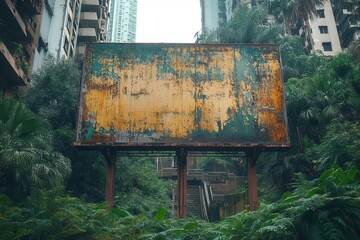 Wall Mural - large empty billboard stands against a backdrop of lush greenery and a concrete stairway offering a 