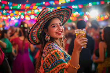 Wall Mural - Smiling Woman in Traditional Mexican Sombrero and Attire Holding a Drink at a Vibrant Cinco de Mayo Festival