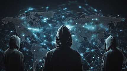 Hacker are planning to hack and attack networks and cyber security systems.team people innovation connection of line from nail node to node on map background , networking concept	